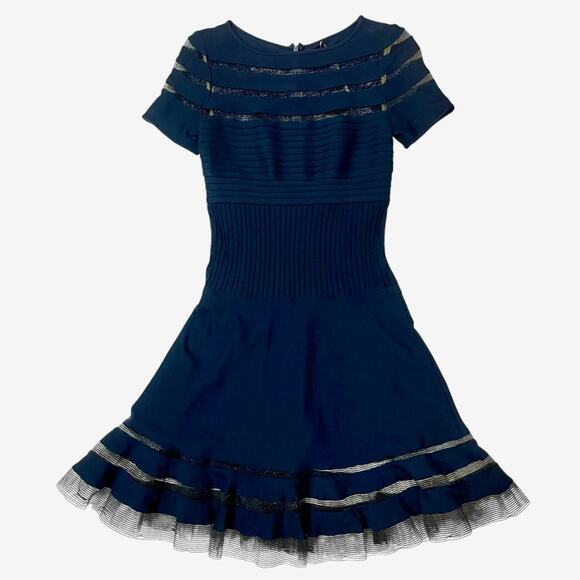 TADASHI SHOJI Pintuck Jersey Cutout Mesh Stripe Short Sleeve Dress  - Blue - S - Picture 1 of 14